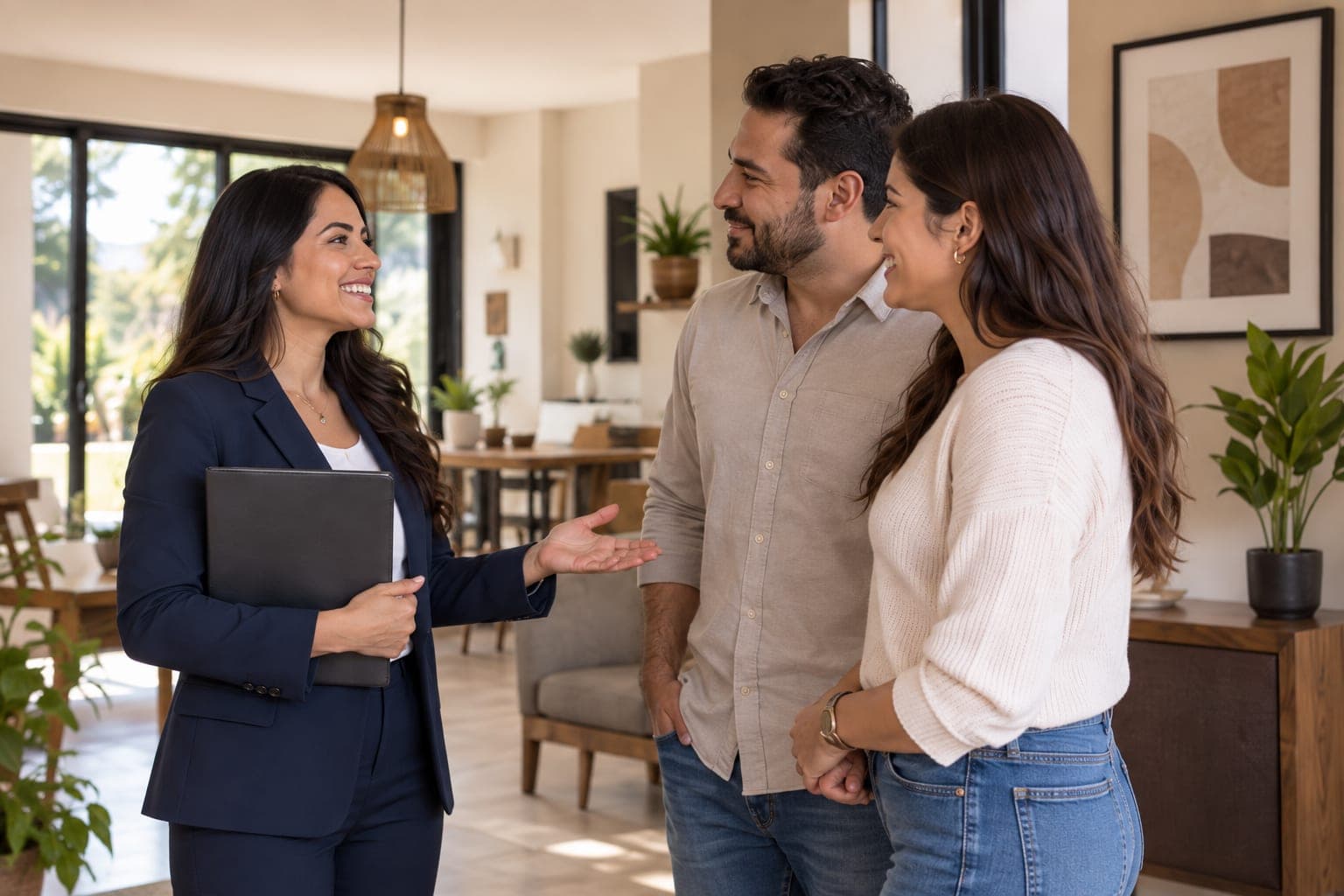 Asesora de GRM Inmobiliaria conversando con una pareja en una sala