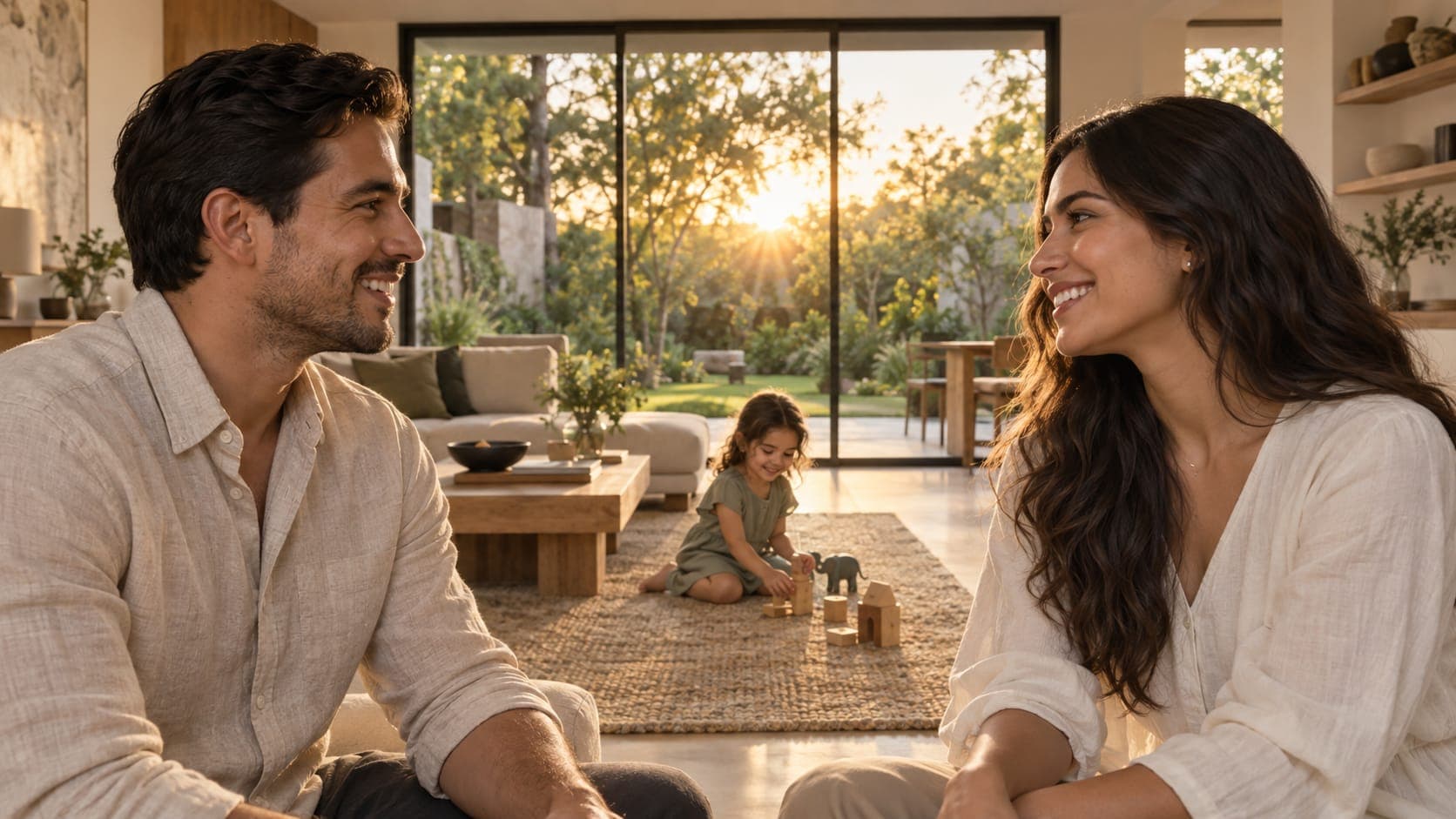 Una familia conversa en la sala de su casa mientras su hija juega, con el jardín al atardecer al fondo