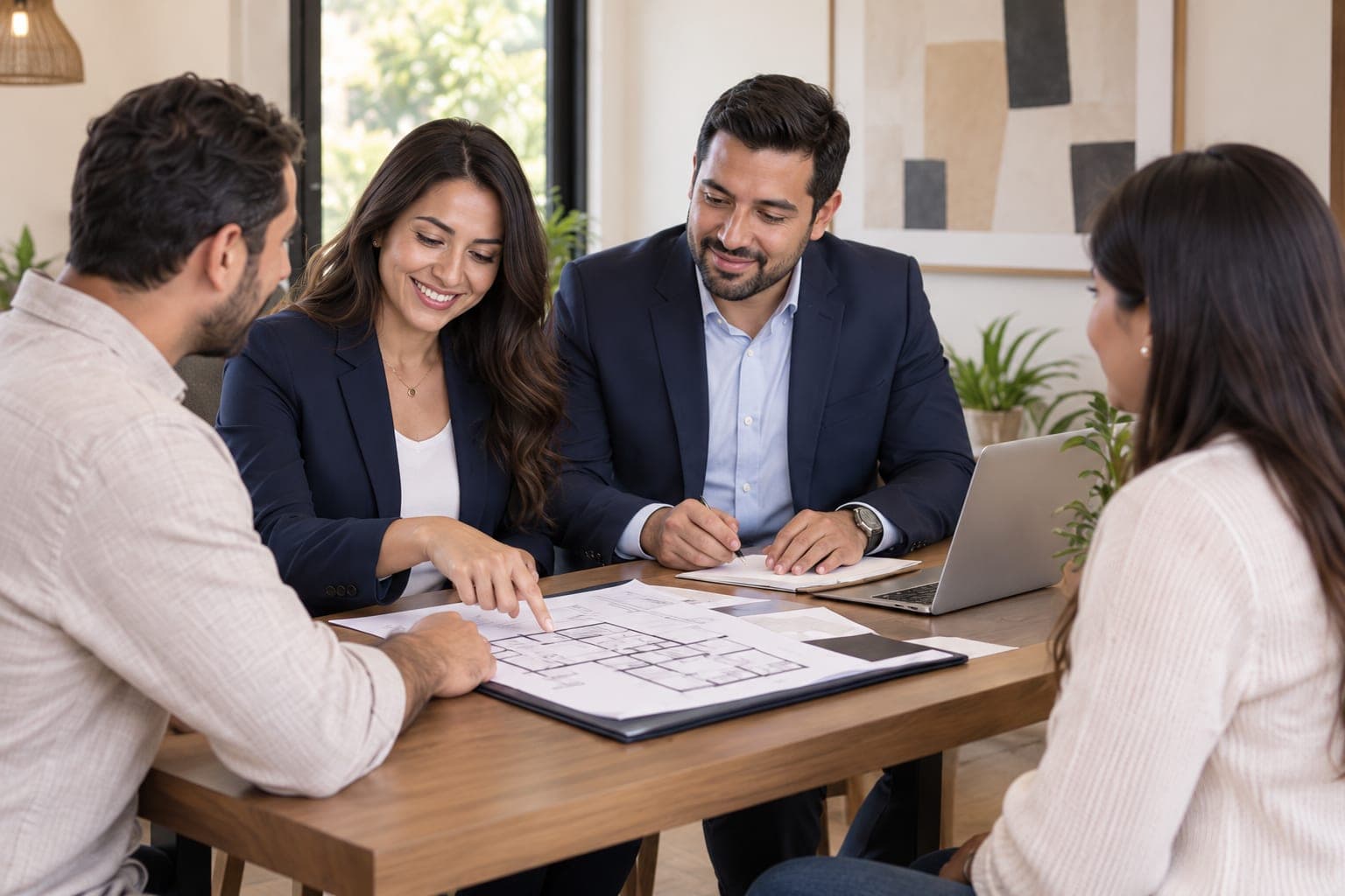 Equipo de GRM Inmobiliaria revisando planos con clientes