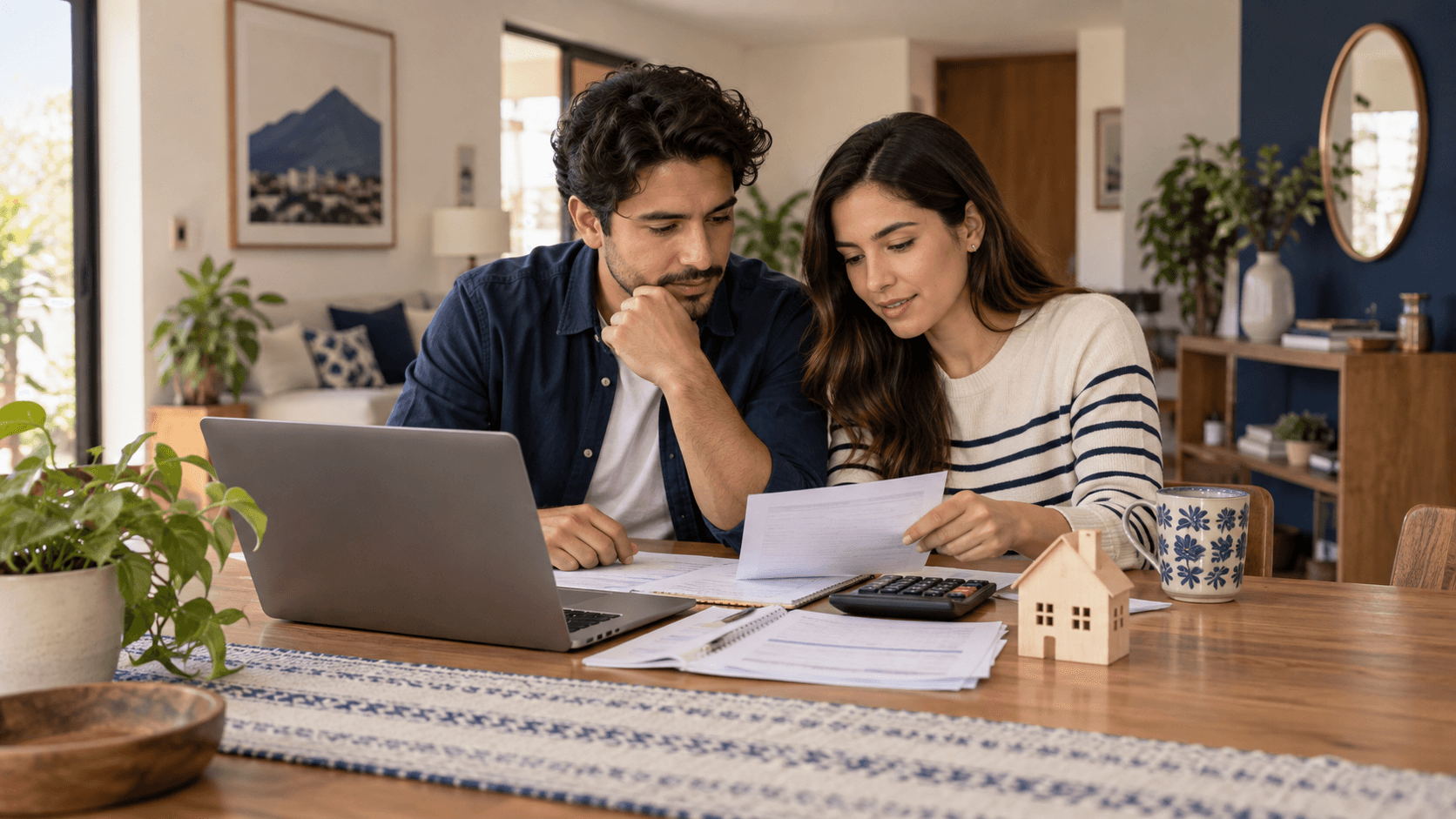 Pareja revisando documentos y su presupuesto para comprar una vivienda.