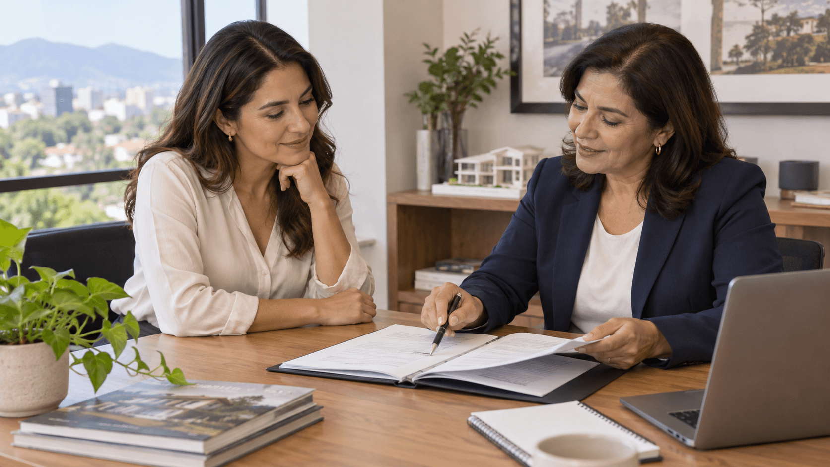 Mujer revisando documentos para una solicitud de crédito con una asesora.