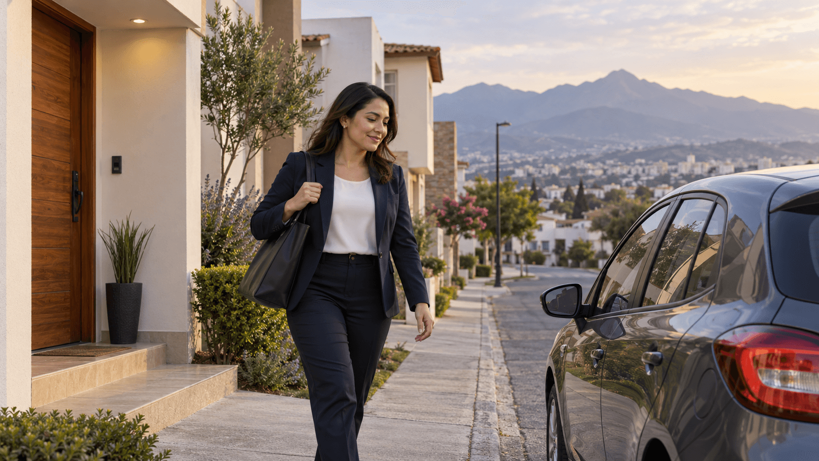 Mujer saliendo de casa hacia su automóvil al comenzar el día.