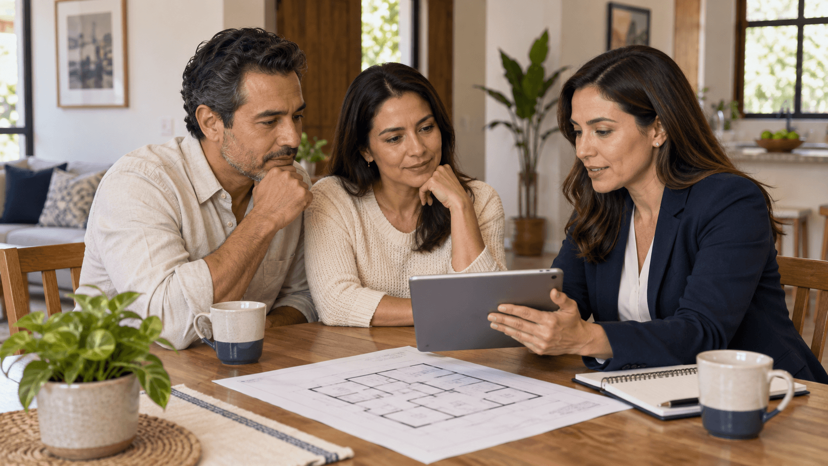 Pareja revisando opciones de vivienda con una asesora y una tableta.