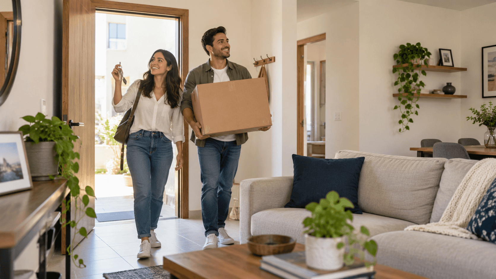 Pareja con llaves y una caja de mudanza entrando a su nuevo hogar.