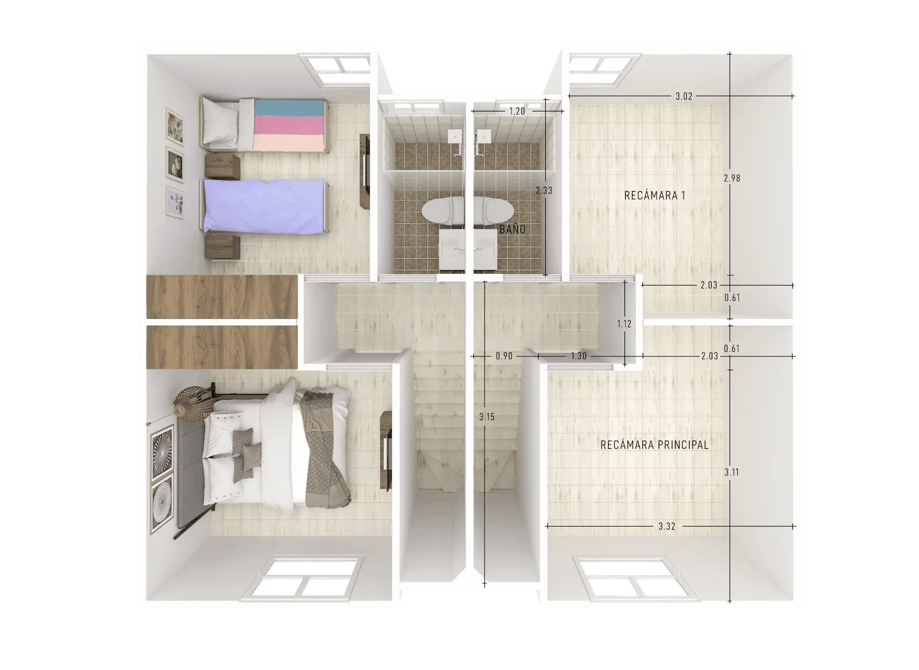 Plano de Planta Alta — Modelo Esmeralda 3 Recámaras